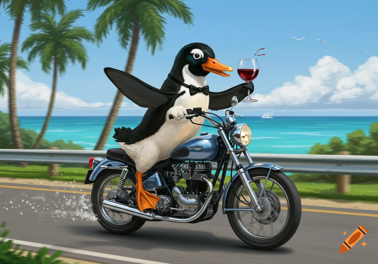 A cartoon penguin wearing a bow tie rides a blue motorcycle down a coastal road, holding a glass of red wine that splashes.