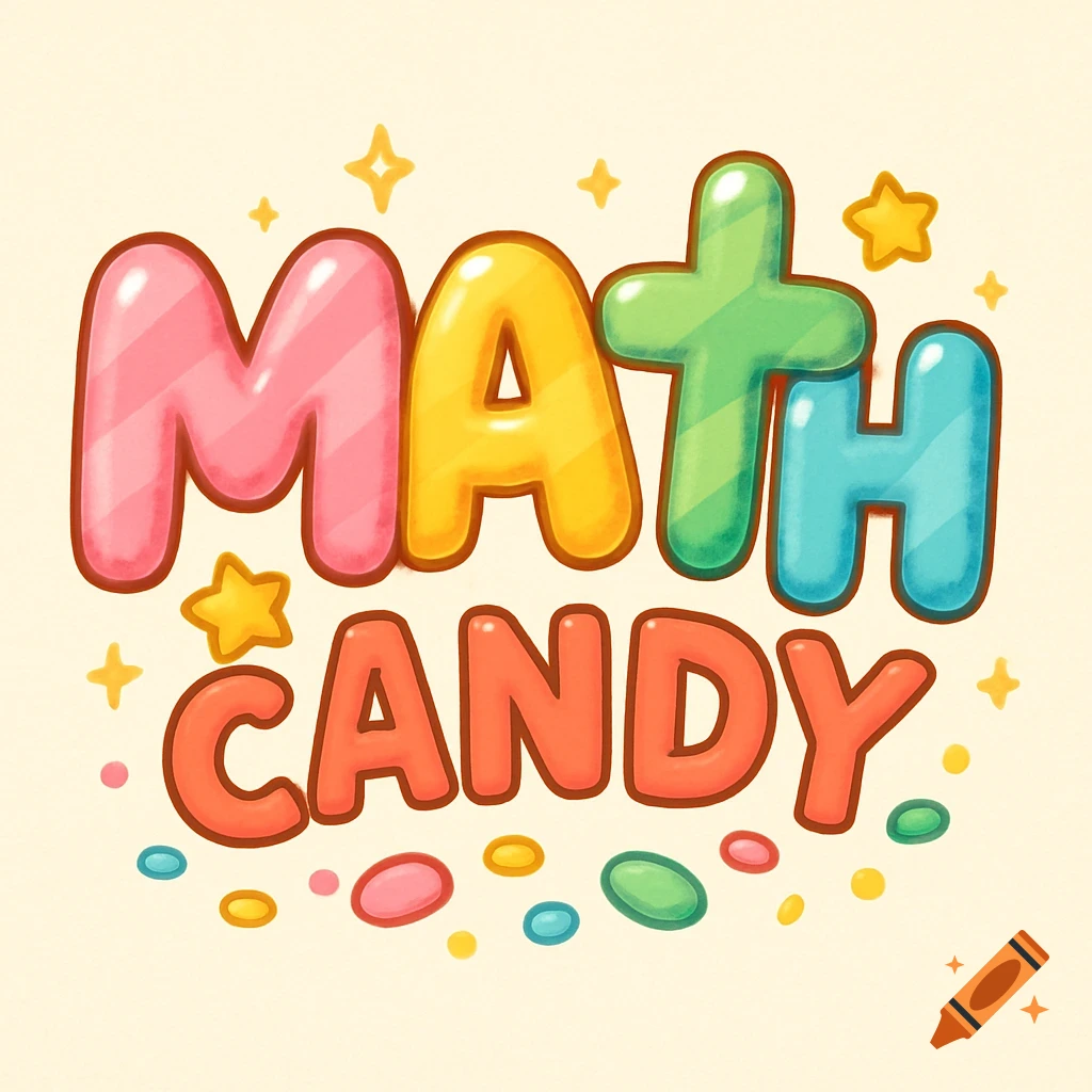 A colorful, bubbly logo for 'Math Candy' with stars and candy sprinkles on a light background.