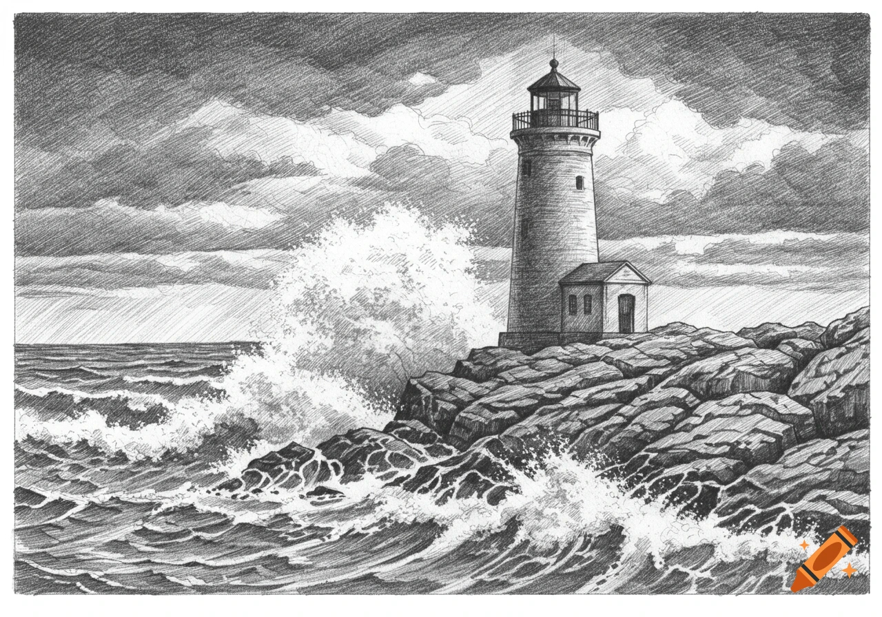 A black and white sketch of a lighthouse on a rocky coast with large waves crashing against the rocks.