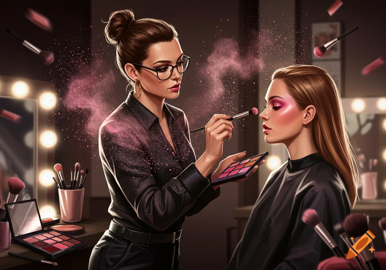 A makeup artist wearing glasses applies pink eyeshadow to a client in a brightly lit studio, with makeup brushes and powder in the foreground.