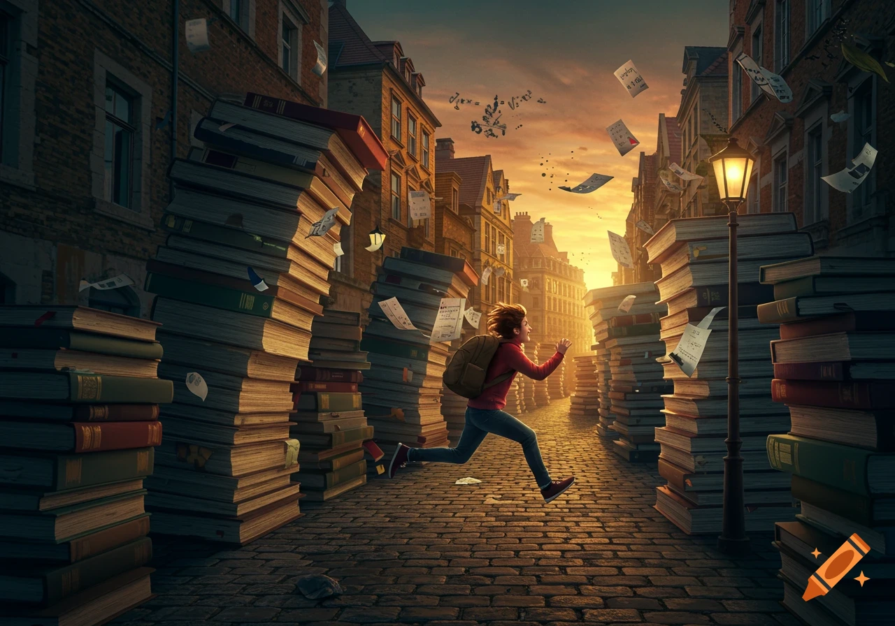 A student runs past huge stacks of books on a street at sunset, with papers and math symbols flying in the air.
