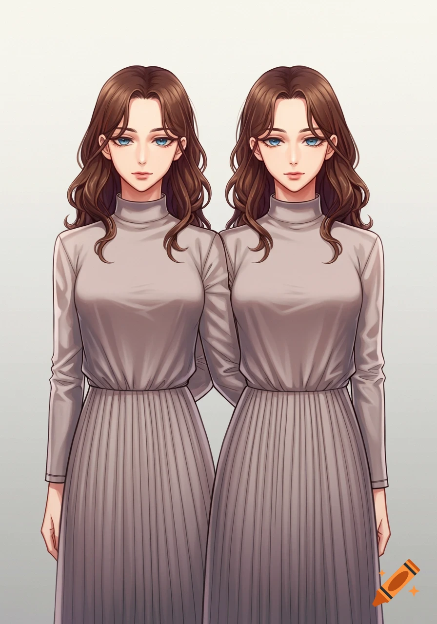 Two identical anime women with long brown wavy hair and blue eyes, wearing matching gray turtleneck long-sleeved dresses with pleated skirts, standing side-by-side.