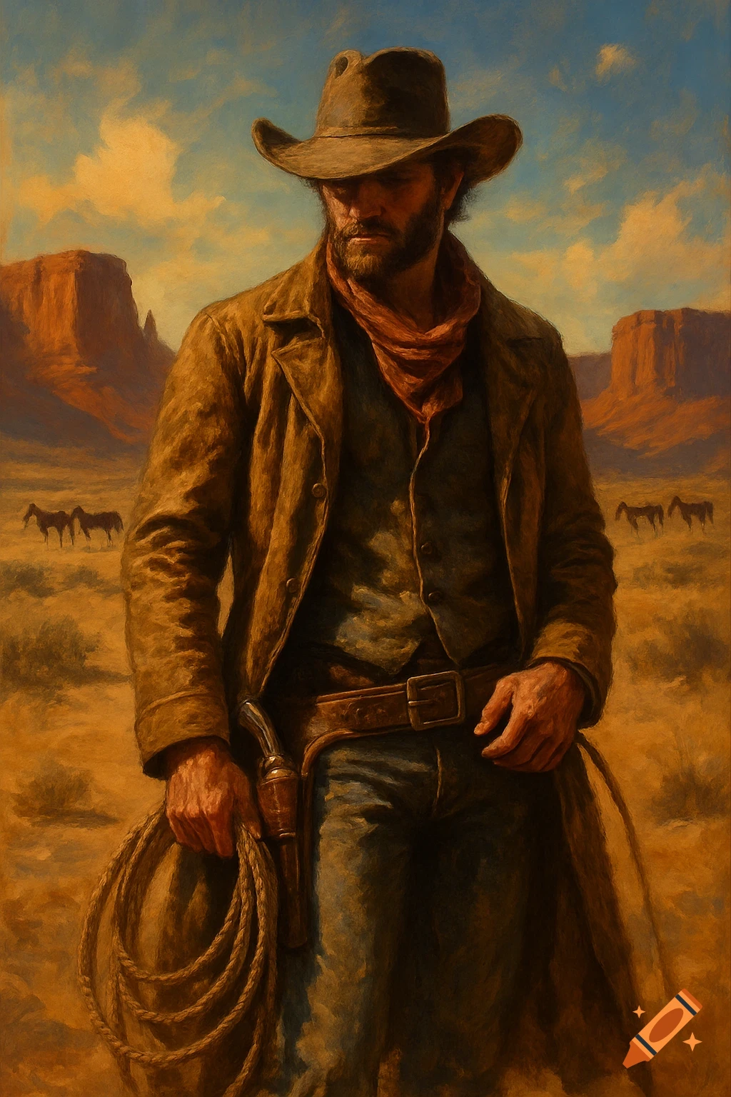 A rugged cowboy holding a rope stands in a painted desert landscape with mesas and faint horses in the background.