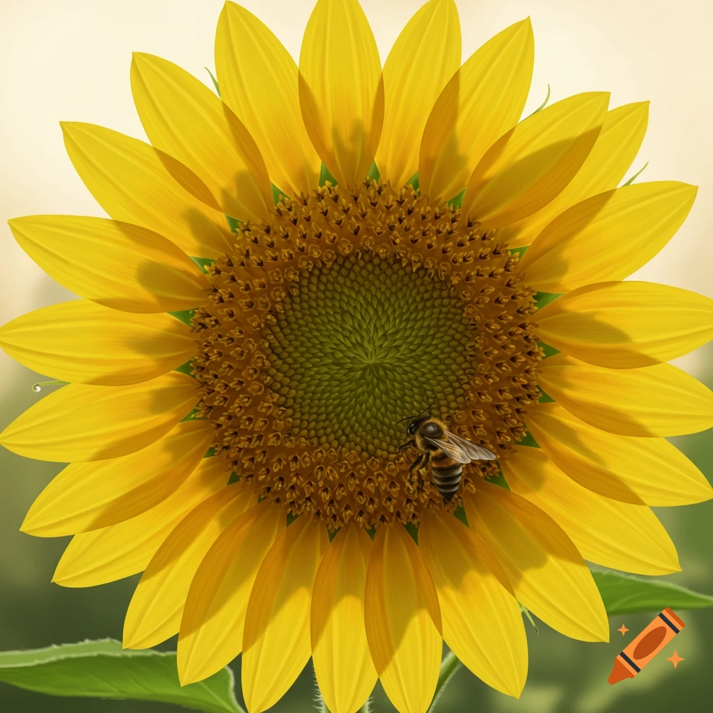 A honeybee collects pollen from the intricate, spiral-patterned center of a large, golden-yellow sunflower in soft sunlight. Photorealistic style.