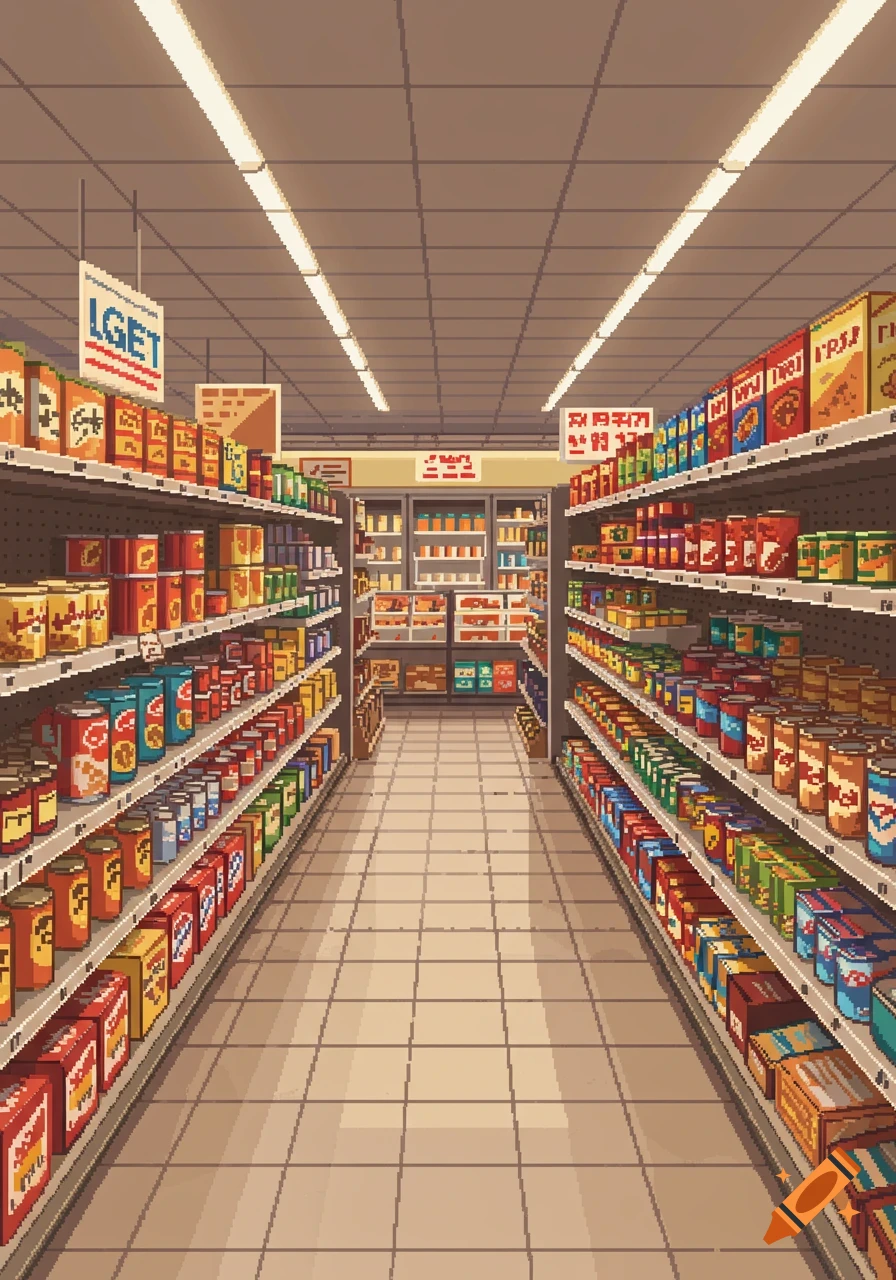 Pixel art depiction of a brightly lit convenience store aisle, with shelves packed full of various canned goods and boxed products.