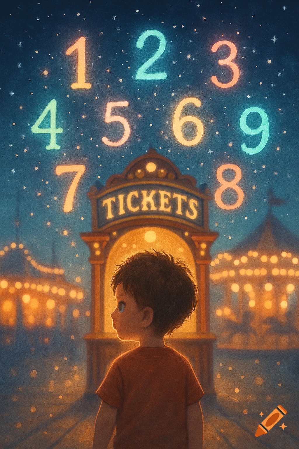 A young boy at a glowing carnival ticket booth at night, with luminous numbers 1-9 floating in the starry sky. Whimsical illustration.