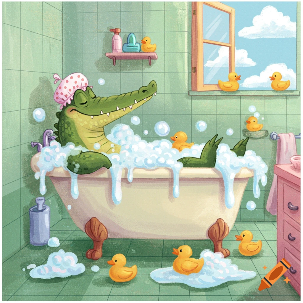 A cheerful green alligator in a pink shower cap takes a bubble bath with rubber ducks in a tiled bathroom, illustrated cartoon style.