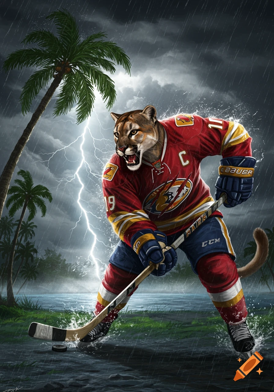 A fierce cougar in a red hockey jersey skates on a wet surface under a stormy sky with lightning and palm trees.