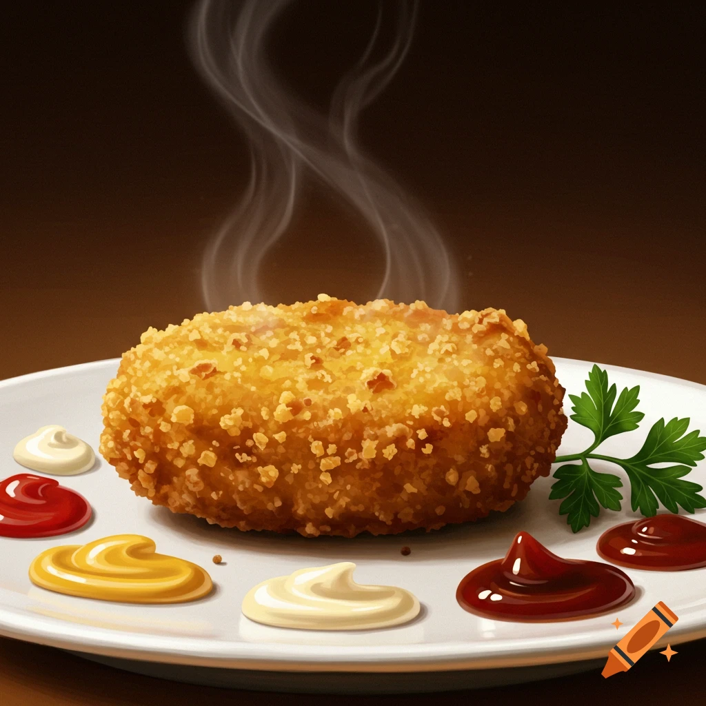 A steaming, crispy fried chicken nugget on a white plate with various dipping sauces and parsley garnish.