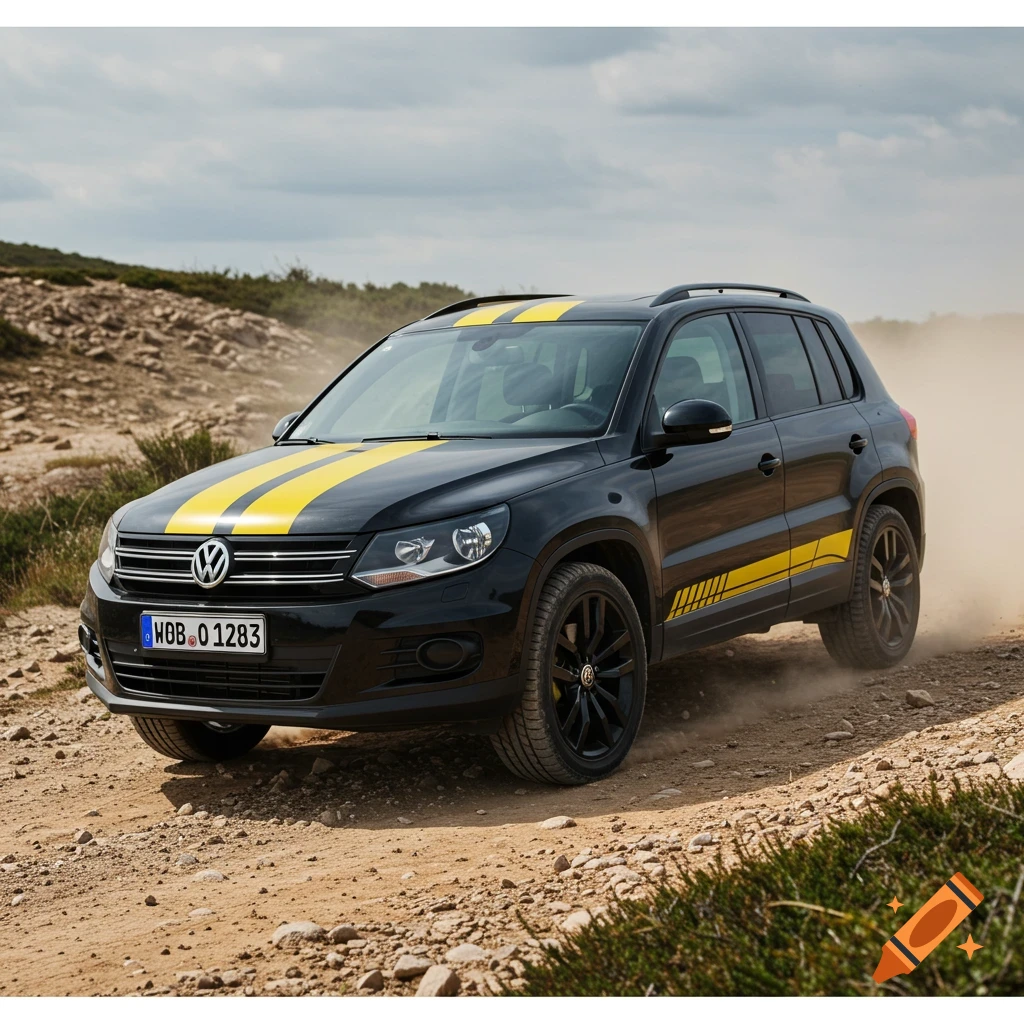 A black Volkswagen Tiguan with yellow racing stripes kicks up dust on a dirt road.