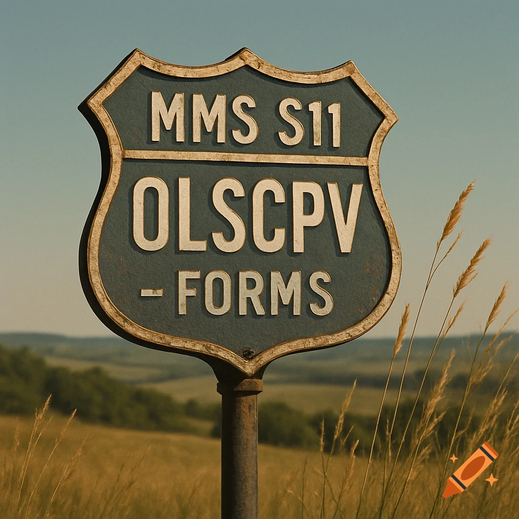 An old road sign with 'MMS S11 OLSCPV - FORMS' in a grassy field with hills under a clear sky, photorealistic style.