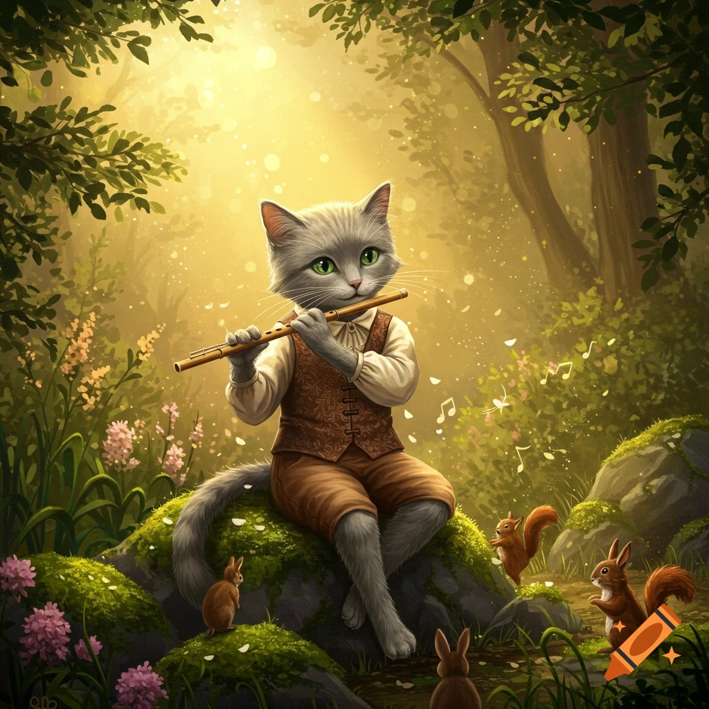 A whimsical gray cat in a vest and pants plays a flute in a sunlit fantasy forest, surrounded by squirrels and rabbits.