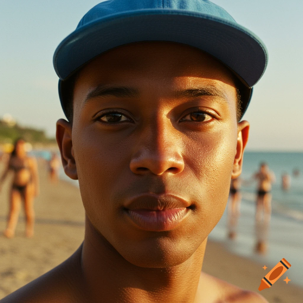 Close-up photorealistic portrait of a young man in a blue baseball cap at a sunny beach with blurred people in the background.
