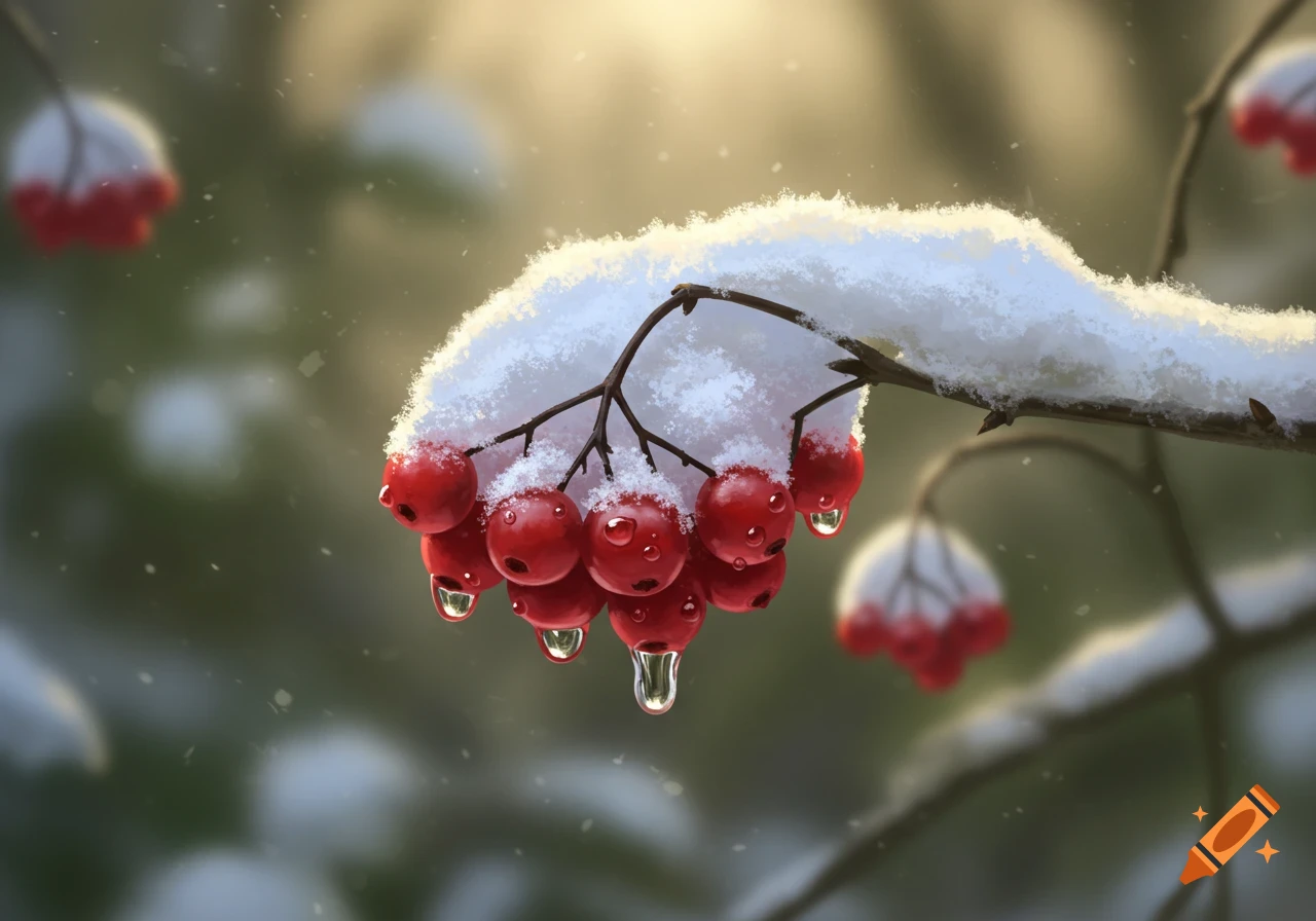 Close-up of a cluster of red berries covered in melting snow with water droplets, against a blurred winter background.