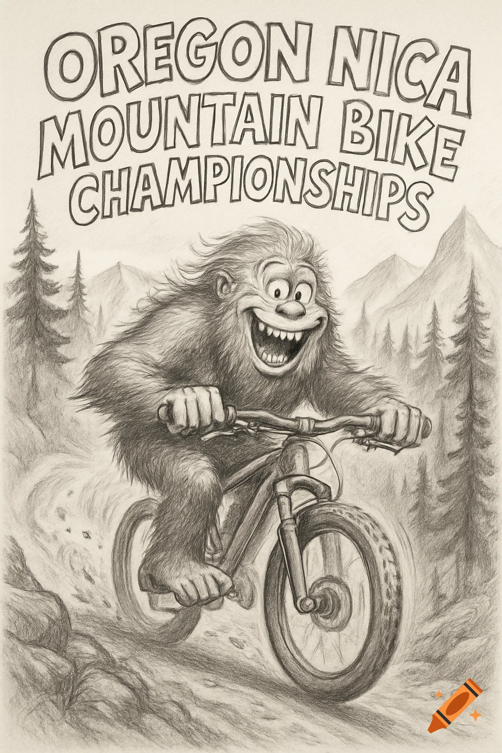 A pencil drawing cartoon logo features a happy Sasquatch on a mountain bike. Text: "Oregon NICA Mountain Bike Championships".