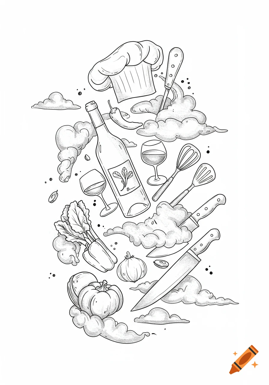 Black-and-white line art illustration of a chef's hat, wine bottle, wine glasses, cooking utensils, vegetables, and knives floating among clouds.