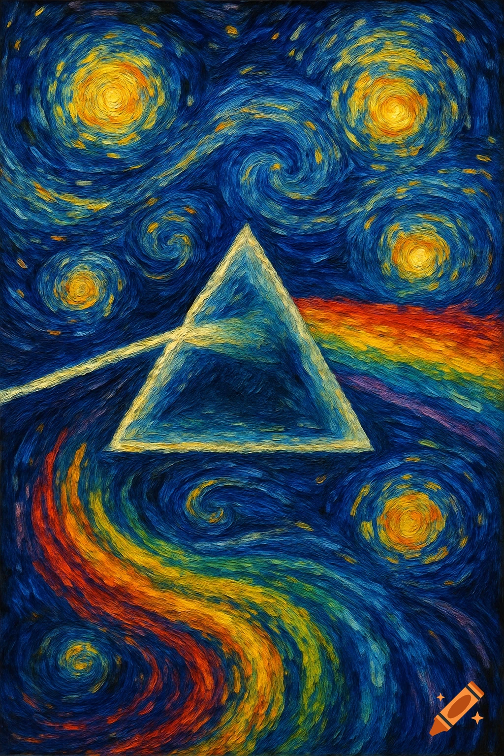 A vibrant Van Gogh-style painting showing a prism refracting light into a rainbow against a dark blue, swirling, starry sky.