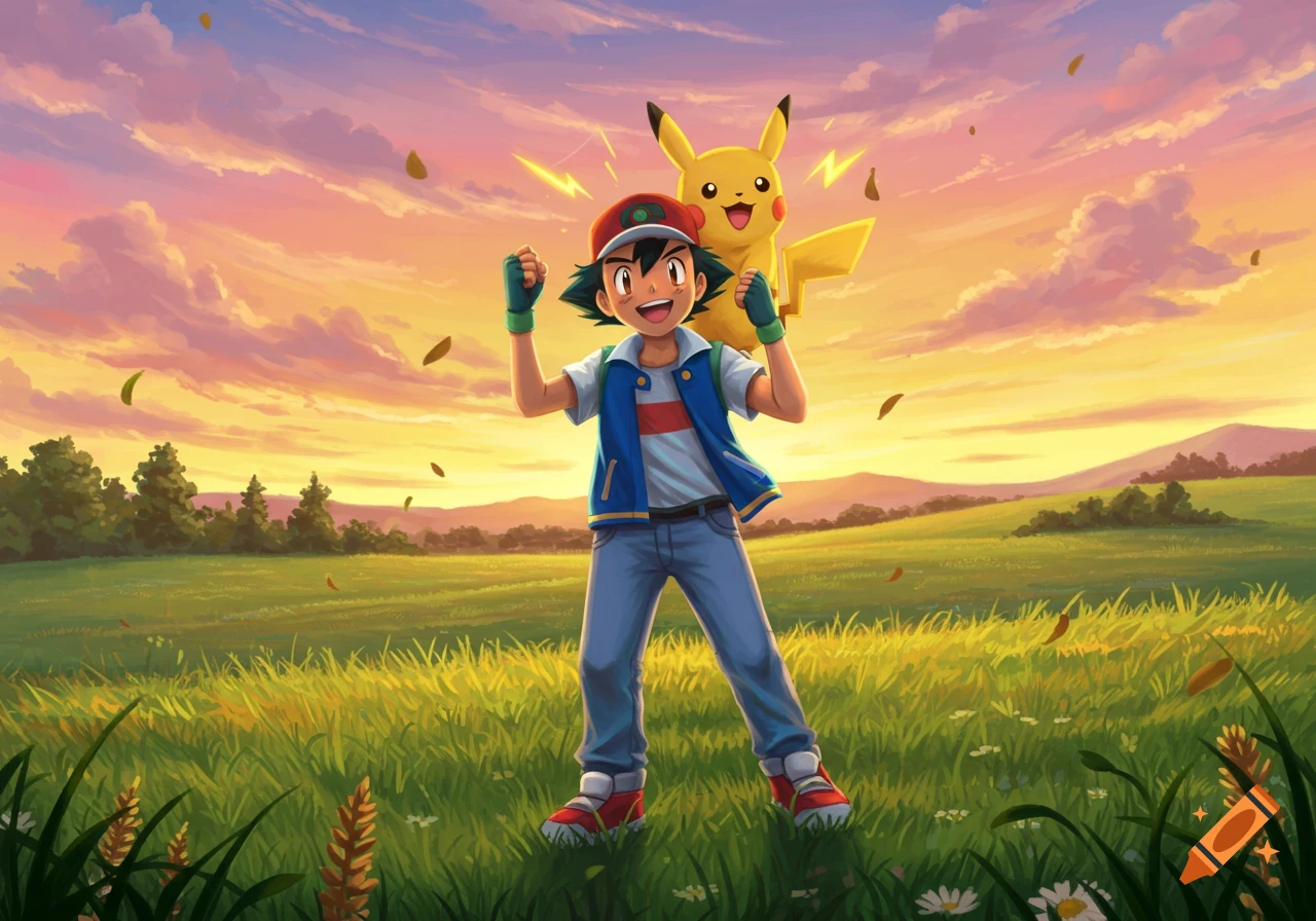 Ash Ketchum cheers with Pikachu on his shoulder in a vibrant field under a sunset sky, with leaves falling.