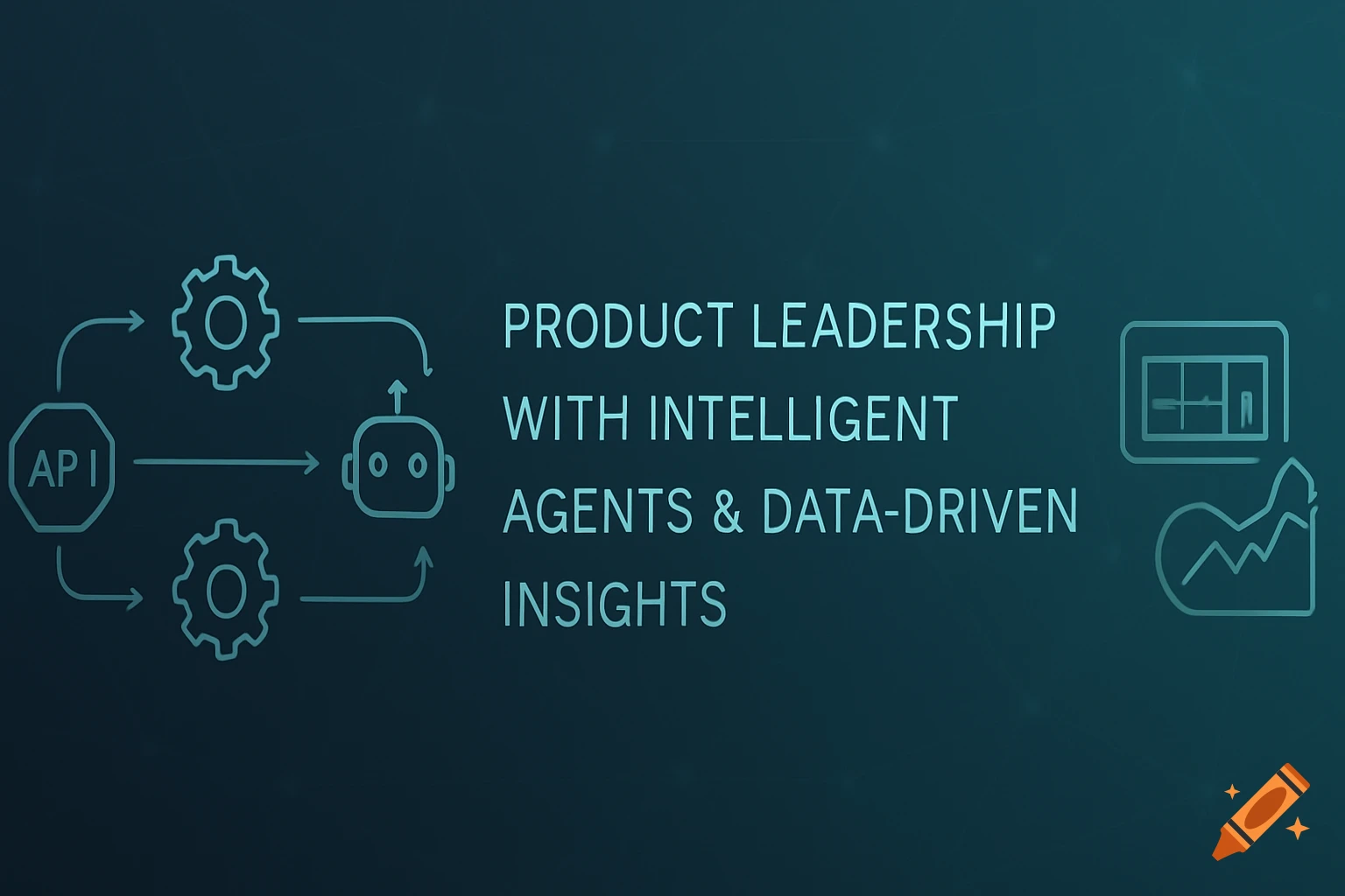 Minimalist diagram illustrating product leadership with intelligent agents and data insights, featuring API, robot, and graph icons.
