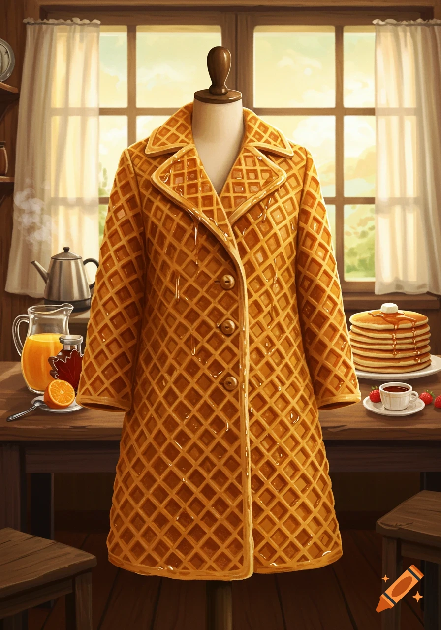 An illustration of a waffle coat on a mannequin, drizzled with syrup, in a kitchen with breakfast foods.