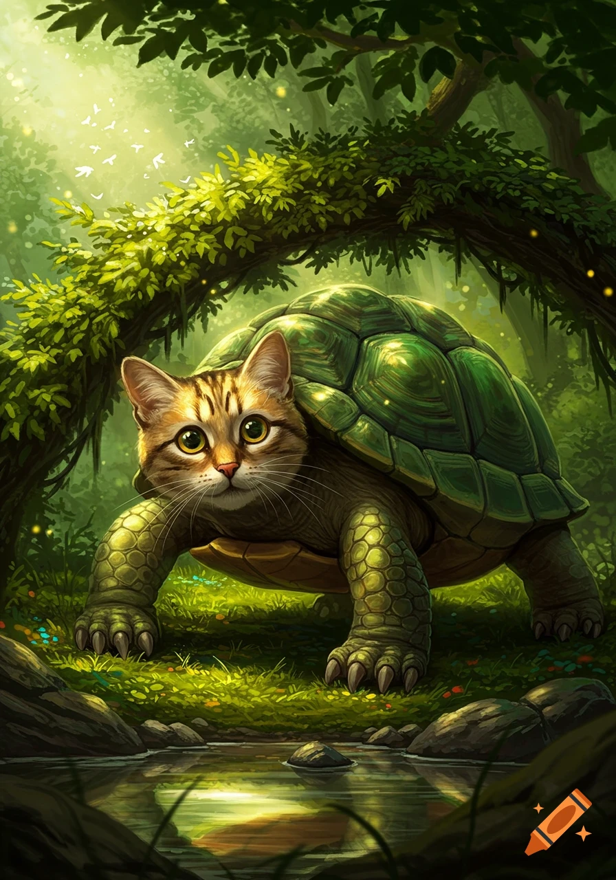A cute cat head on a turtle body, crawling in a vibrant, lush forest with glowing light. Digital art.