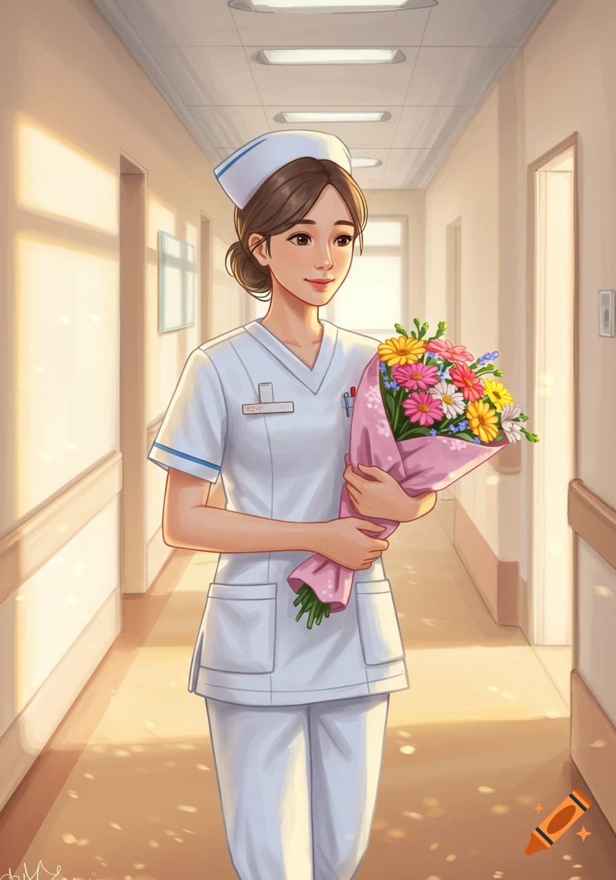 An anime-style nurse in a white uniform holds a bouquet of colorful flowers, walking down a sunlit hospital hallway.