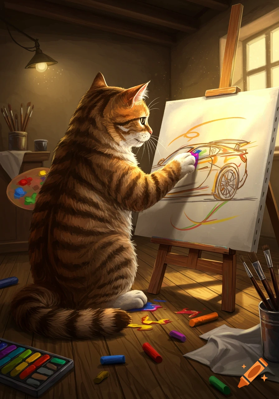An orange tabby cat sitting in a cozy art studio, diligently painting a colorful car sketch on an easel.