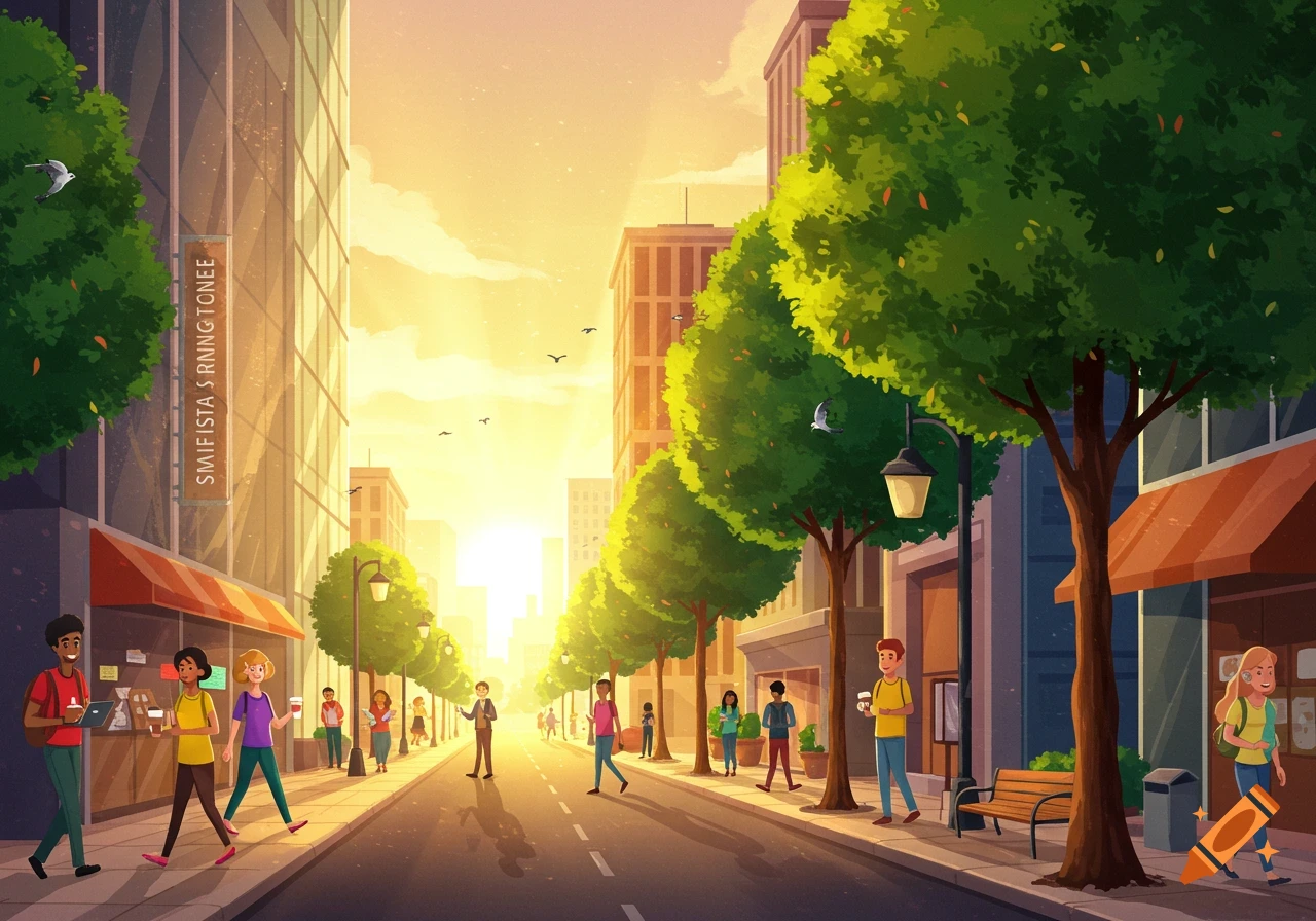 Vibrant, sunlit cartoon city street scene with diverse people walking on sidewalks lined with trees and buildings.
