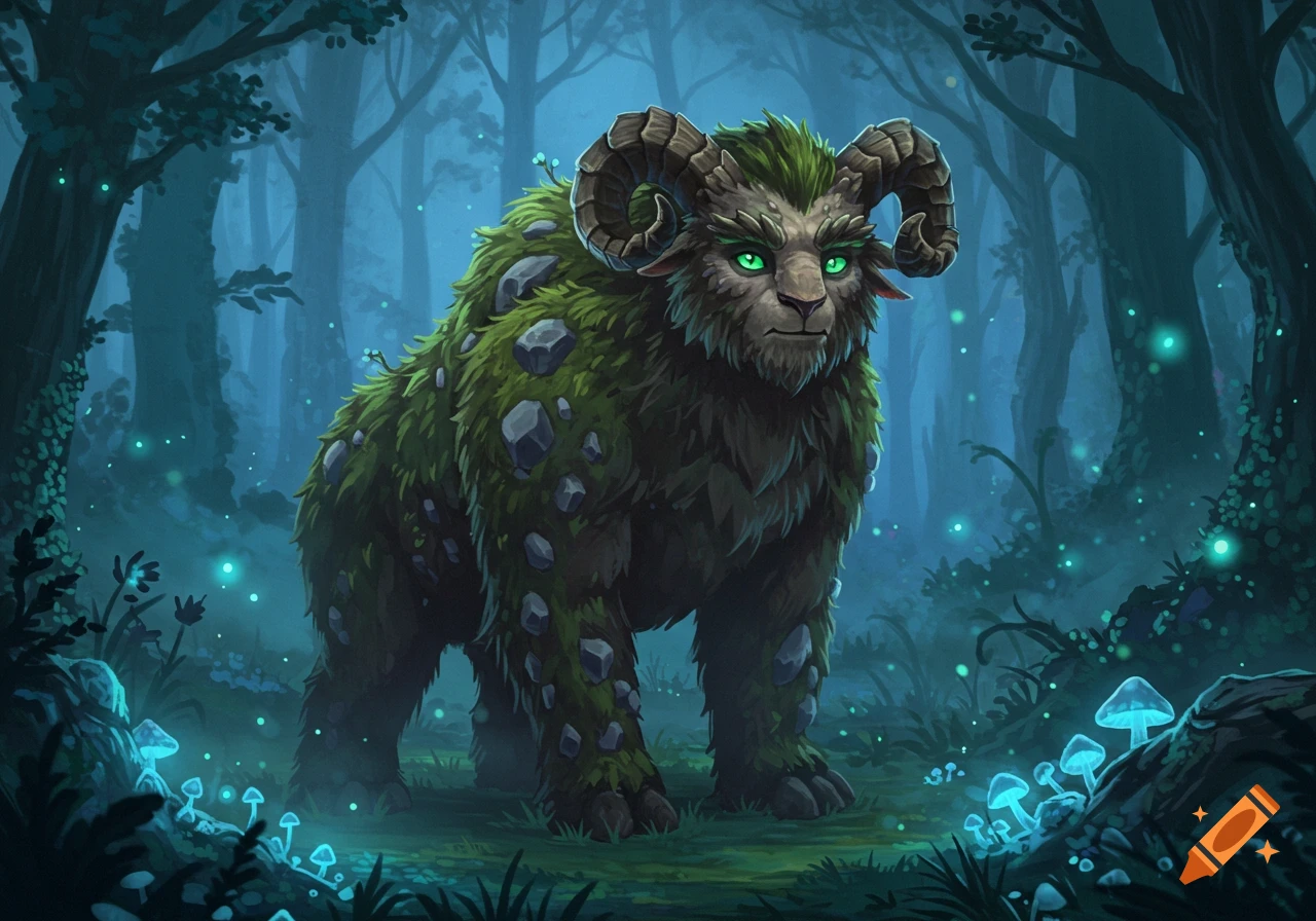 A large, moss-covered fantasy creature with ram horns and glowing green eyes stands in a dark, mystical forest with bioluminescent mushrooms.