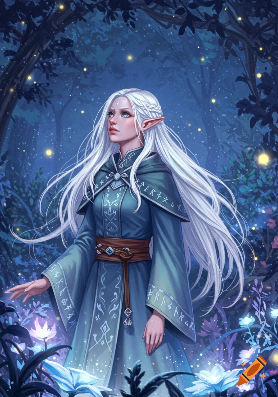 A white-haired elf in a blue robe looks up in an enchanted forest with glowing flowers and fireflies, fantasy illustration.