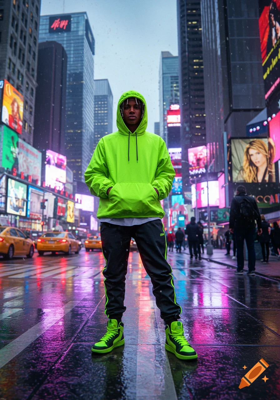 A person in a bright neon green hoodie and track pants stands in a rainy, reflective Times Square at night, surrounded by illuminated billboards and yellow taxis. Photorealistic style.