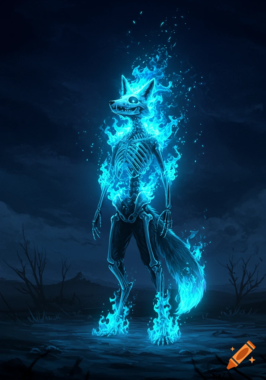 A fox humanoid skeleton engulfed in glowing blue flames stands in a dark, barren landscape.