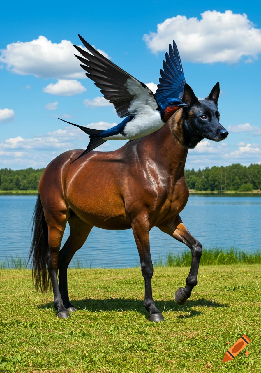 Photorealistic image of a hybrid creature with a brown horse body, a black Malinois dog head, and a swallow with spread wings on its back, standing by a lake.