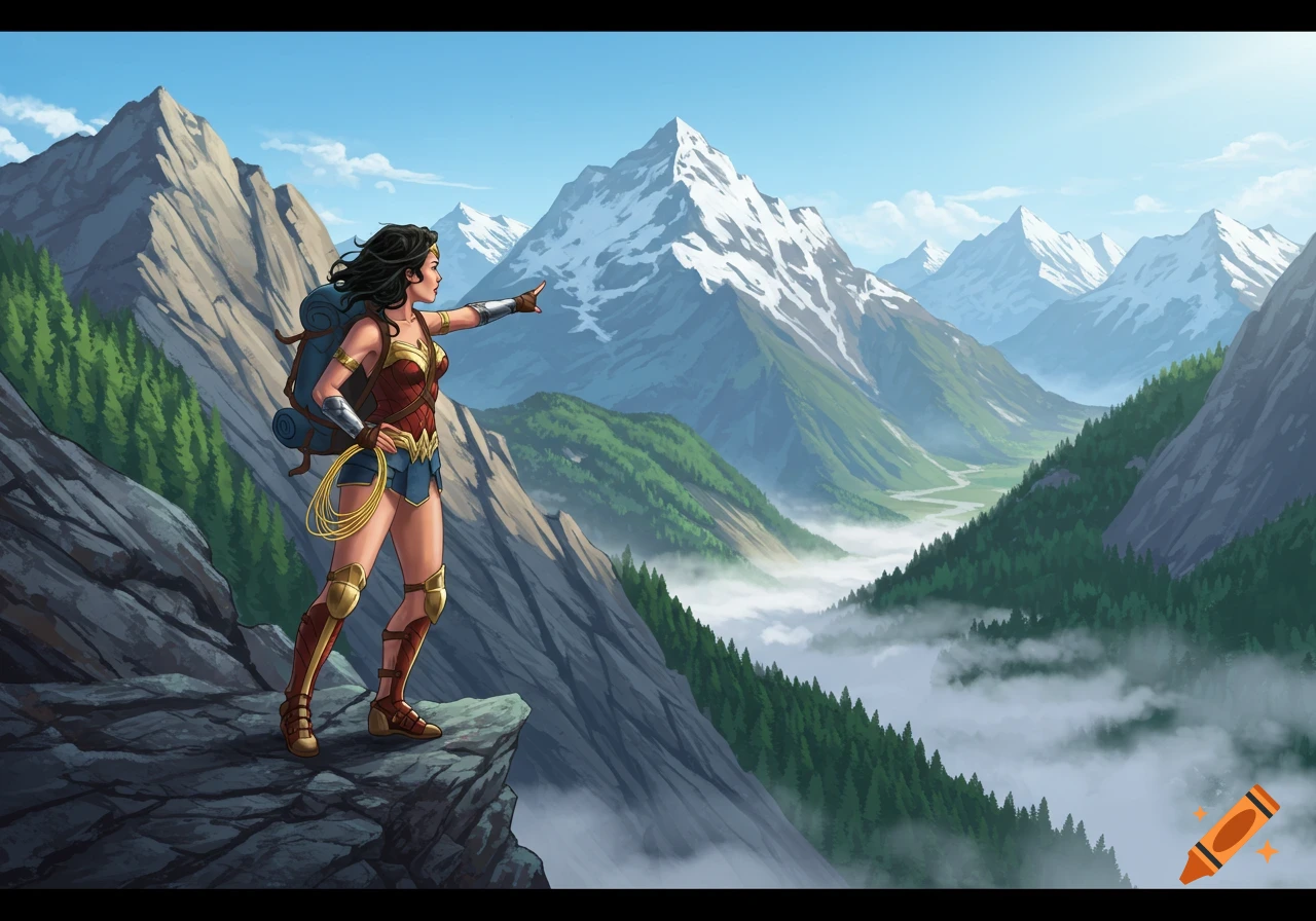 Wonder Woman stands on a mountain cliff, pointing over a vast, misty valley with snowy peaks, in an illustrative style.
