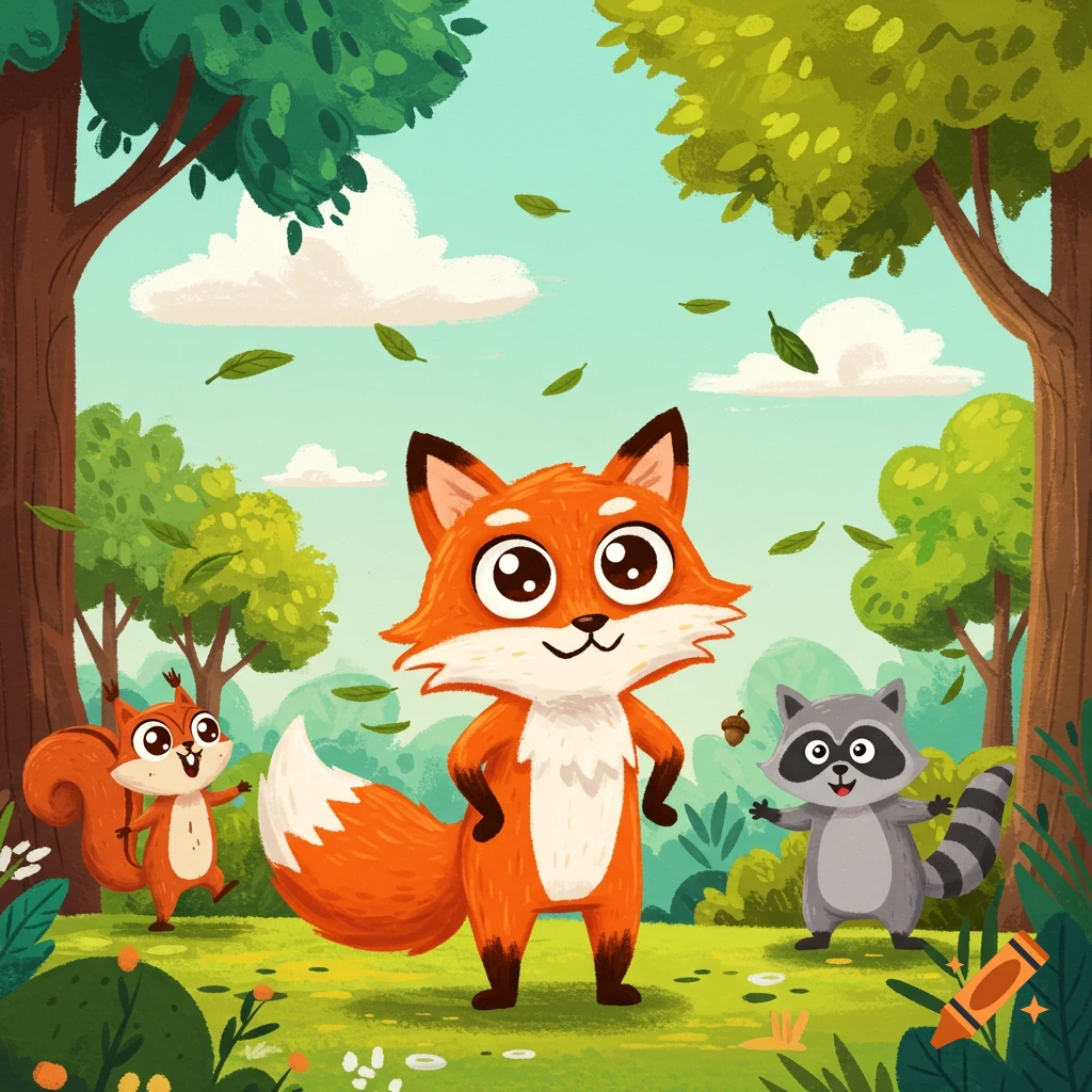 Happy cartoon fox, squirrel, and raccoon in a sunny forest with falling leaves.