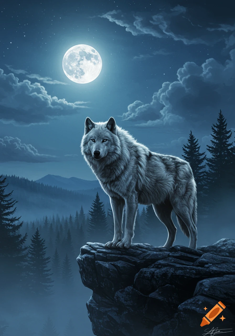 A majestic gray wolf stands on a rocky cliff under a bright full moon and cloudy night sky, overlooking a misty forest.