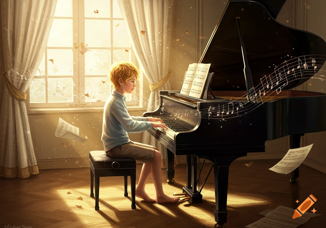 A blonde boy playing a grand piano by a sunlit window, with musical notes and leaves floating, in an artistic illustration.