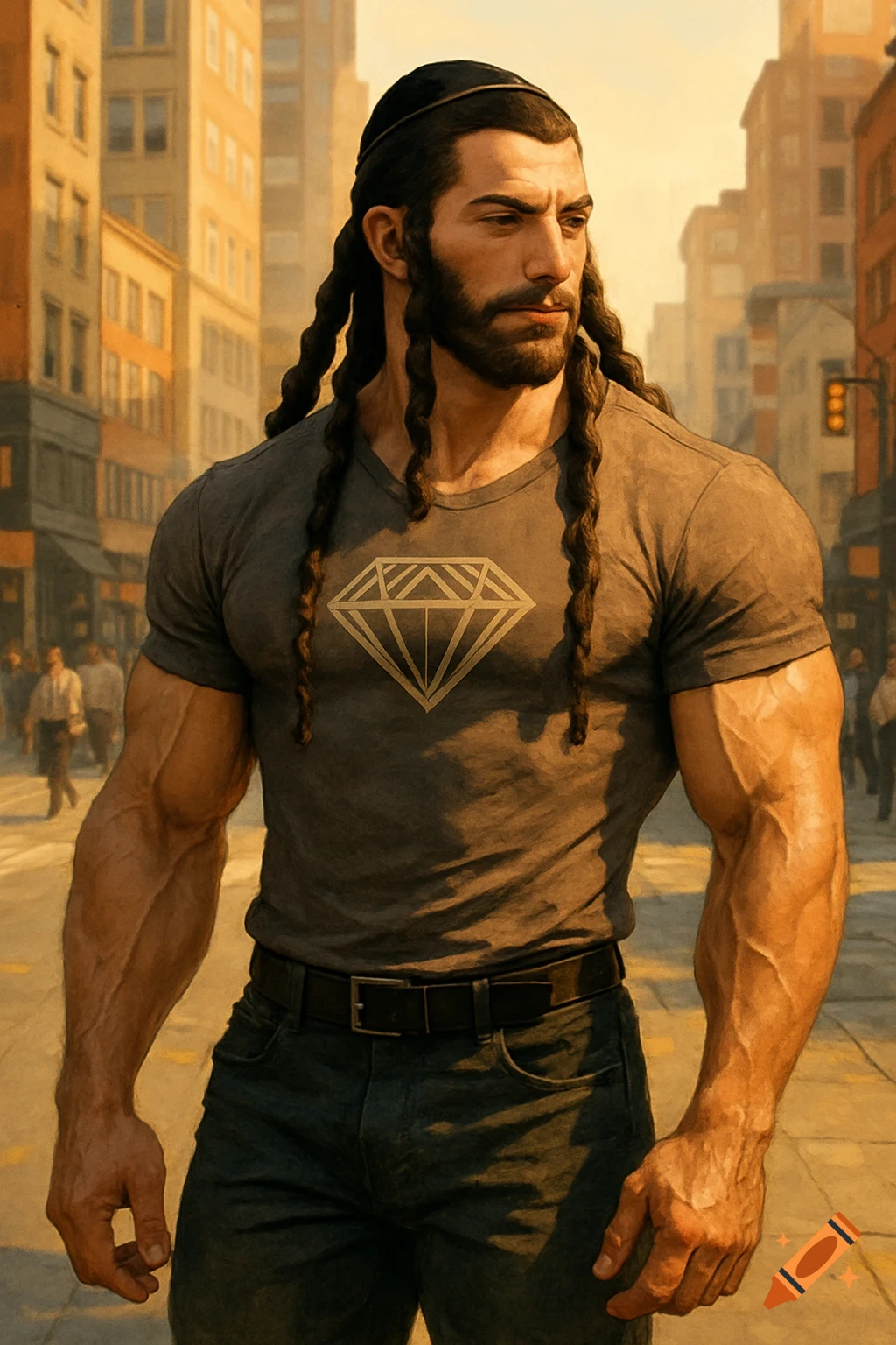 Muscular man with braided sideburns and a kippah-like head covering, wearing a t-shirt with a diamond symbol and jeans, walking in an urban street.