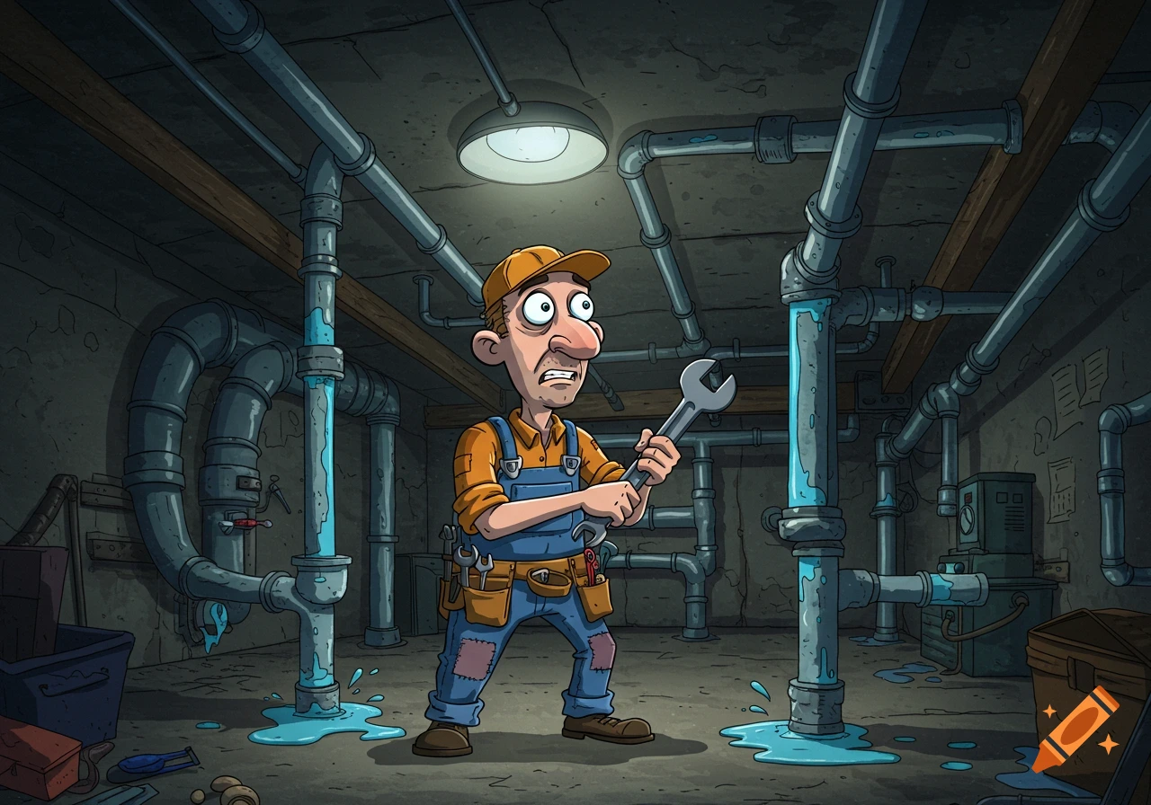A worried cartoon handyman in a yellow cap and blue overalls holds a wrench in a dark basement with leaking water pipes.
