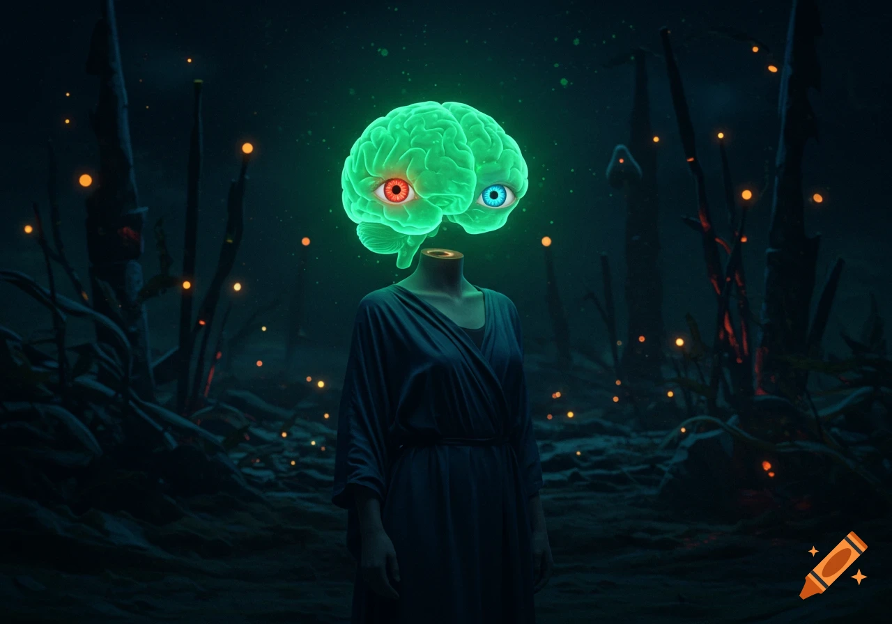 A woman in a dark dress with a glowing green brain, featuring one red and one blue eye, floating above her headless body in a dark, ethereal landscape.