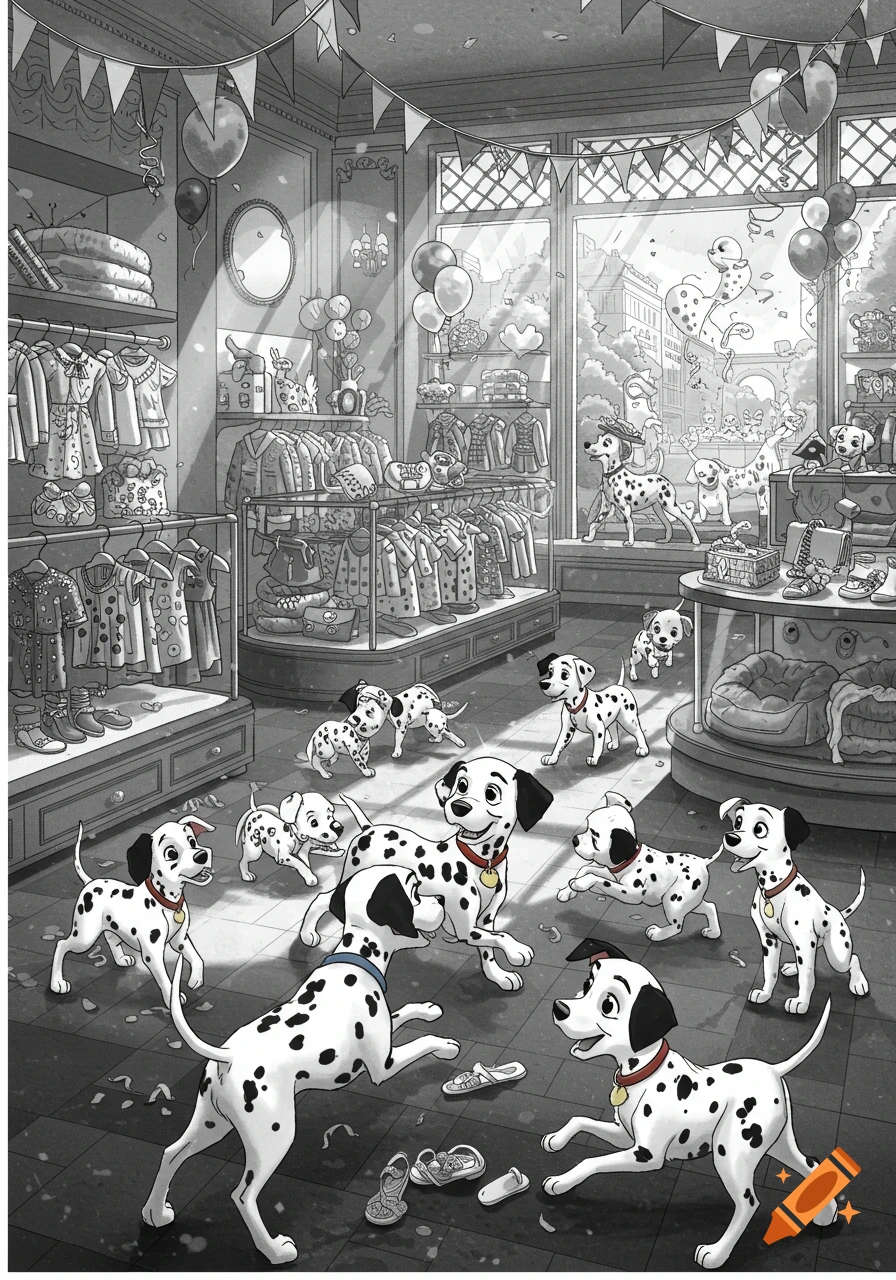 A black and white illustration of many Dalmatian puppies playing and running around inside a cluttered clothing store decorated with balloons and banners.