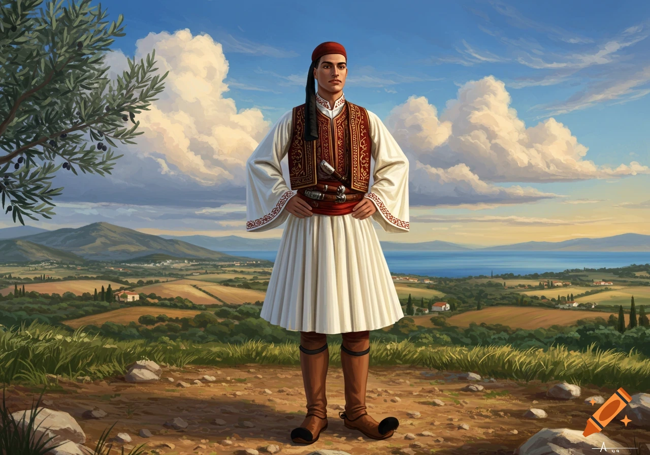 A man in traditional Greek costume stands in a rural landscape with olive trees, rolling hills, and a sea view under a cloudy sky.