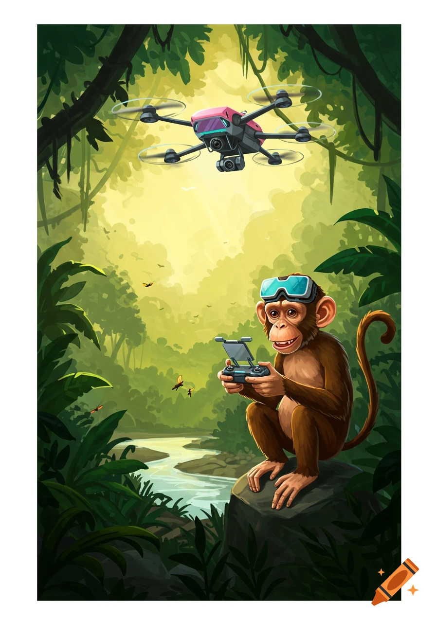 Cartoon monkey in VR goggles controls a drone in a vibrant jungle with a river. A drone flies overhead.