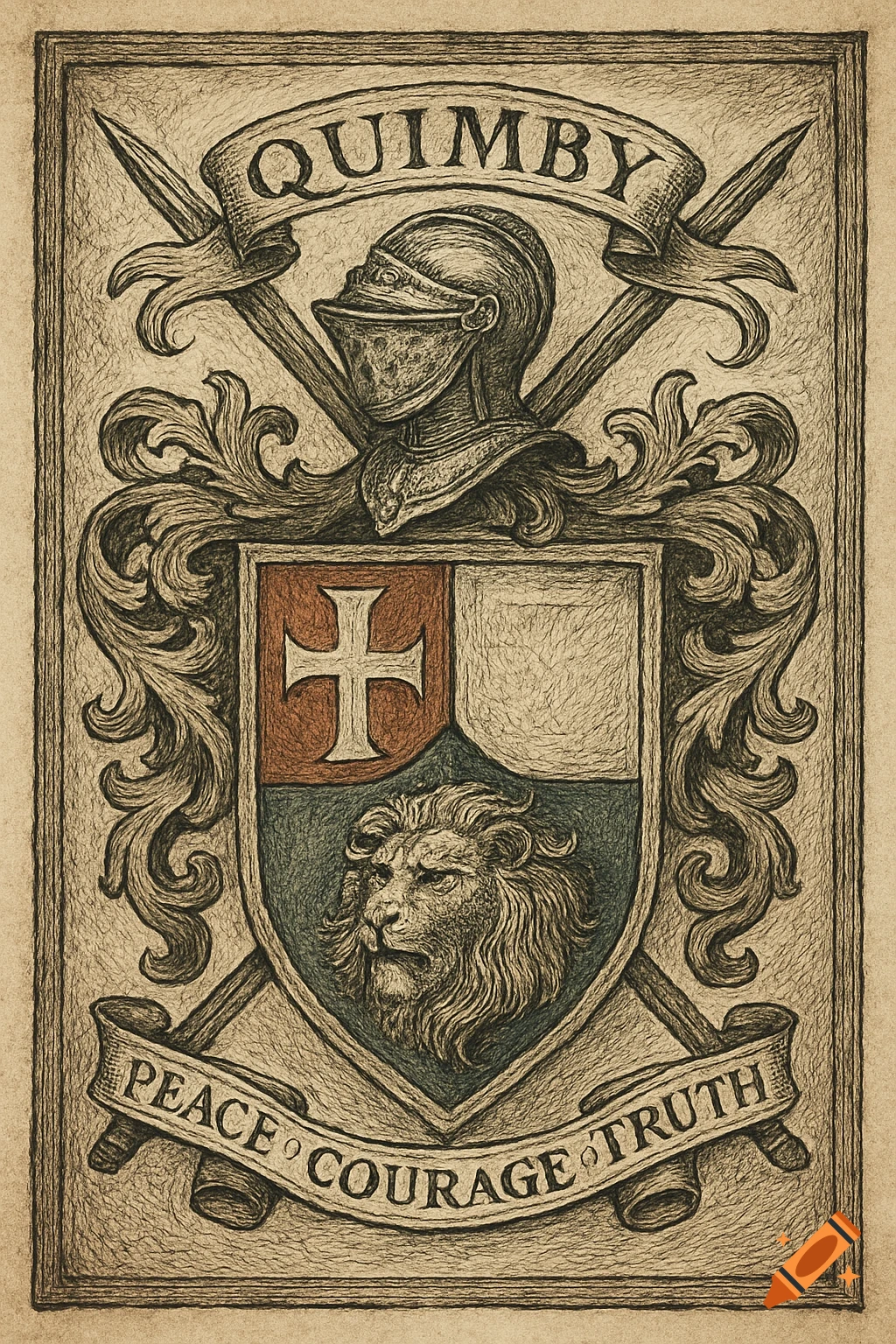 A Dürer-style coat of arms with a knight's helmet, shield, cross, lion head, swords, and banners reading 'Quimby' and 'Peace, Courage, Truth'.