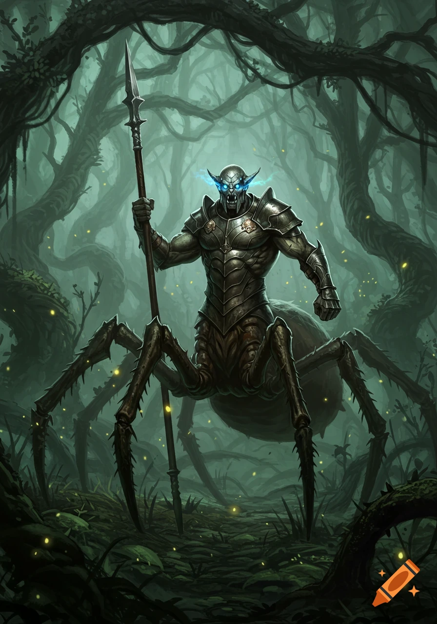 A formidable fantasy monster with a man's armored torso and a spider's lower body, holding a spear in a dark, mystical forest.