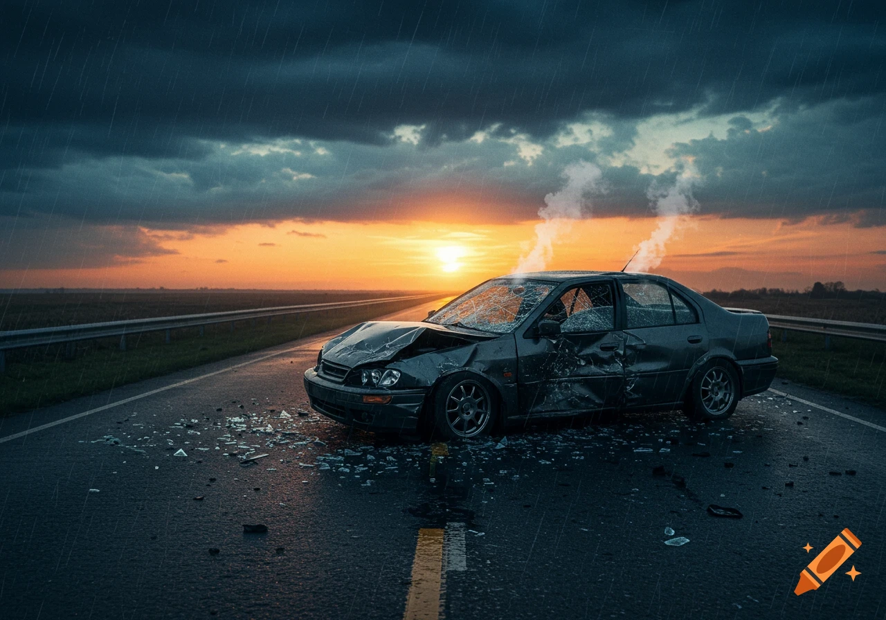 A heavily damaged car sits on a wet road at sunset, with smoke rising from its engine under a stormy, rainy sky.