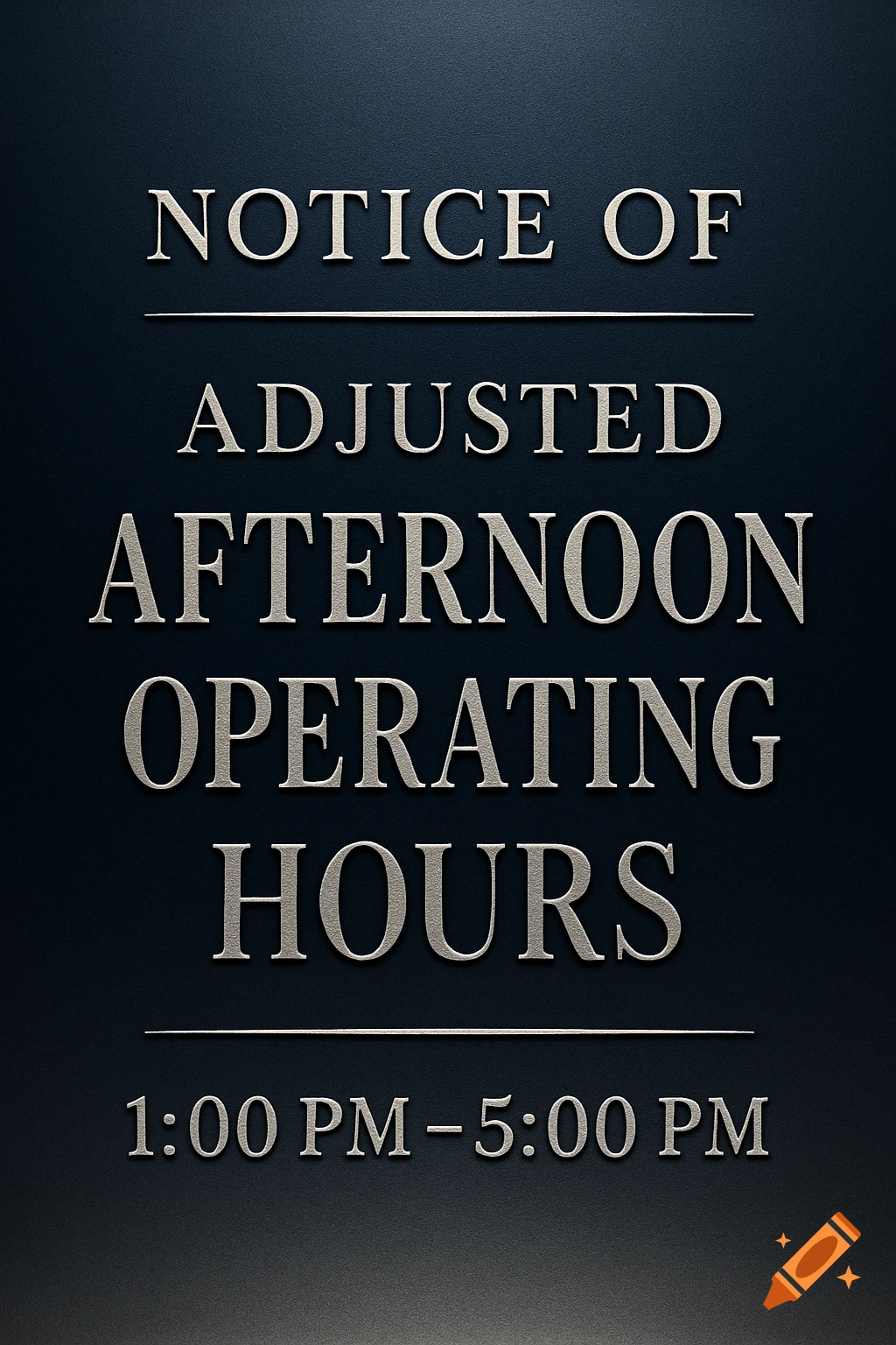 A formal metallic-looking sign on a dark background reads: "NOTICE OF ADJUSTED AFTERNOON OPERATING HOURS 1:00 PM \u2013 5:00 PM".