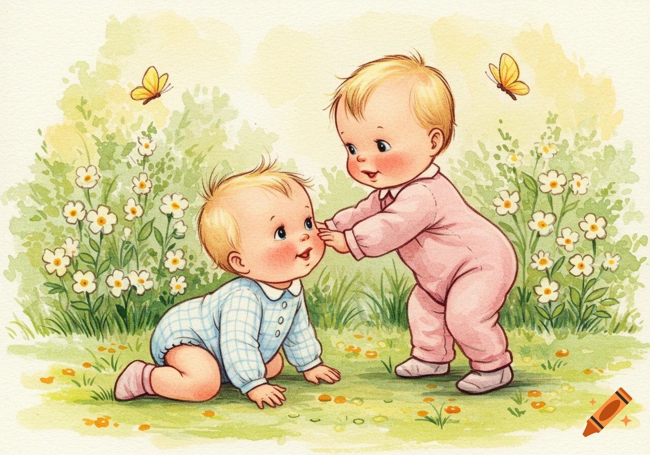 Watercolor illustration of two babies, one crawling and one standing, interacting in a field with flowers and butterflies.