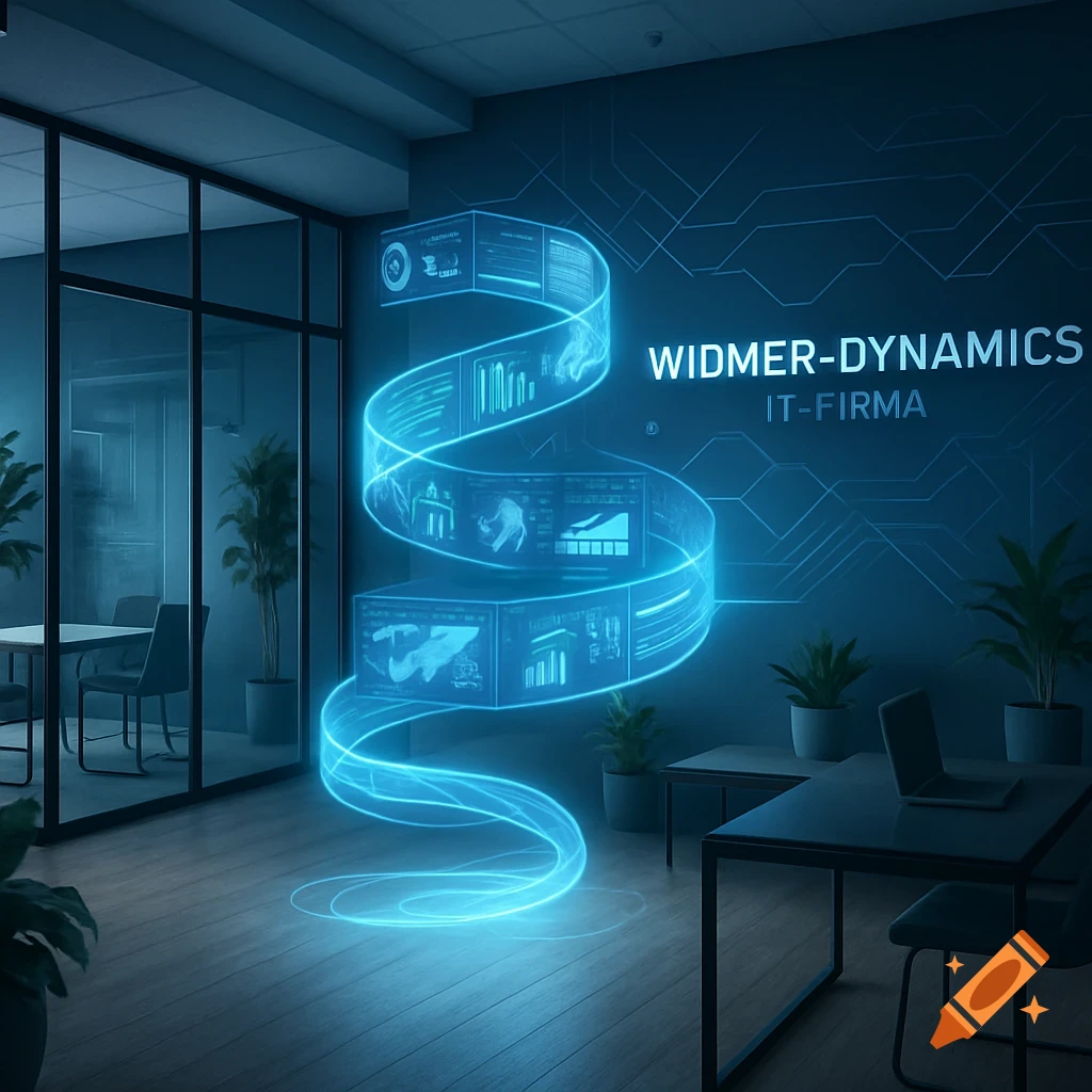 Modern office with blue glowing holographic data spiral and 'WIDMER-DYNAMICS IT-FIRMA' text on the wall.