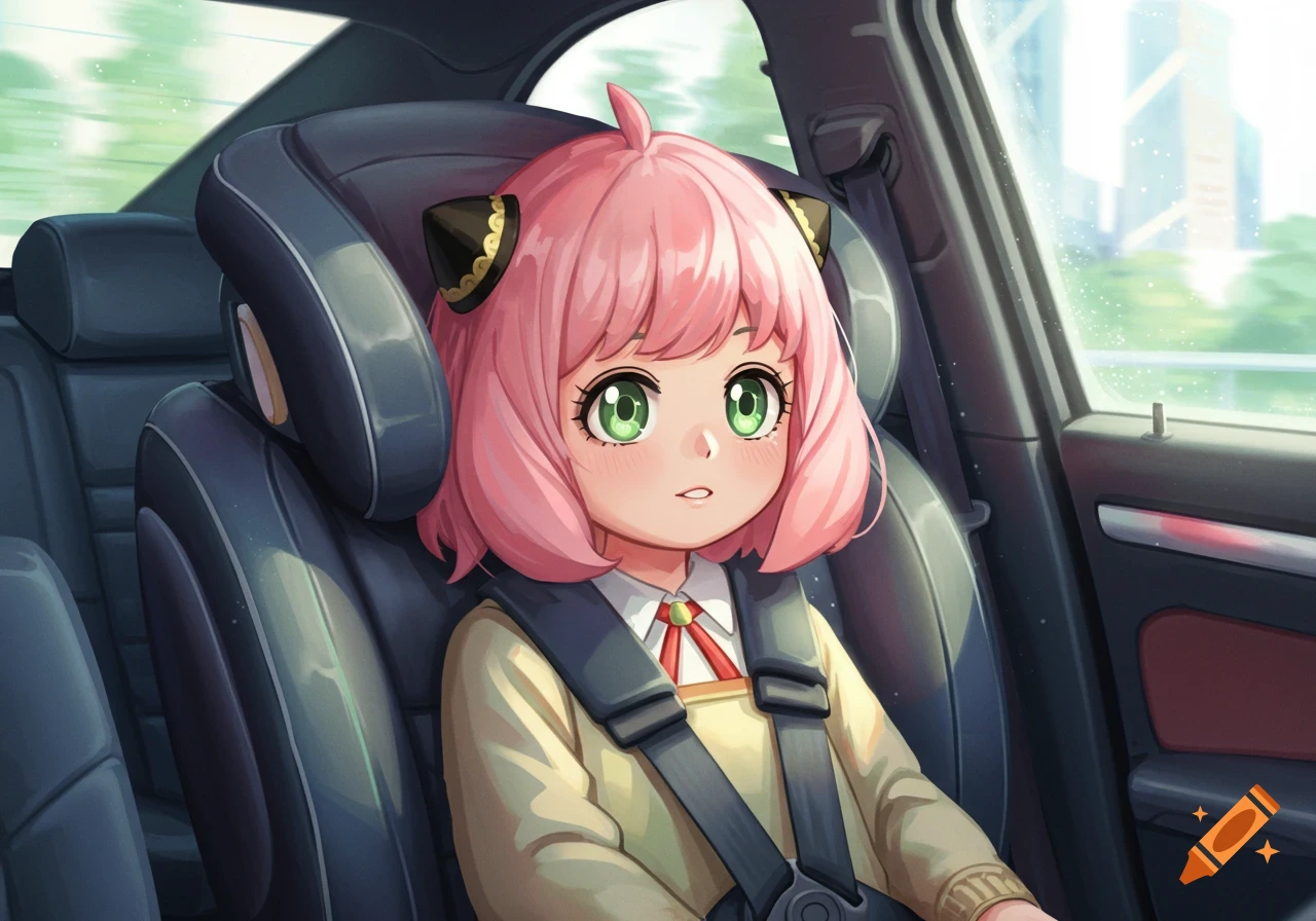 Anime character Anya Forger with pink hair and green eyes sitting in a car seat with a seatbelt.